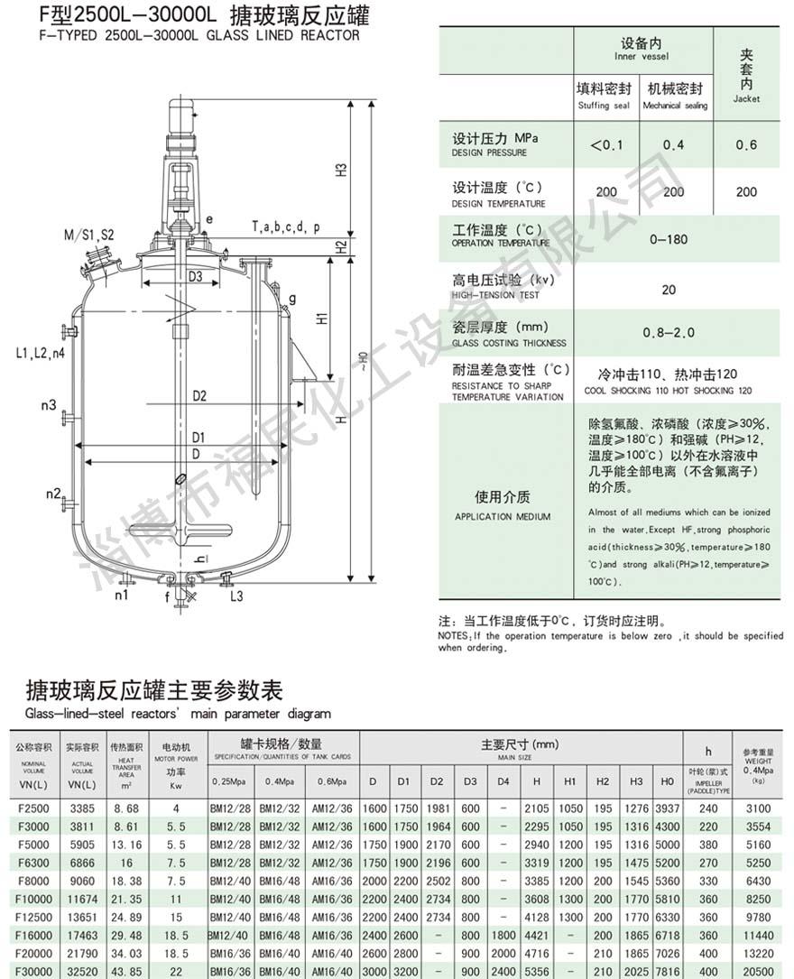 30000L搪玻璃反应釜技术参数